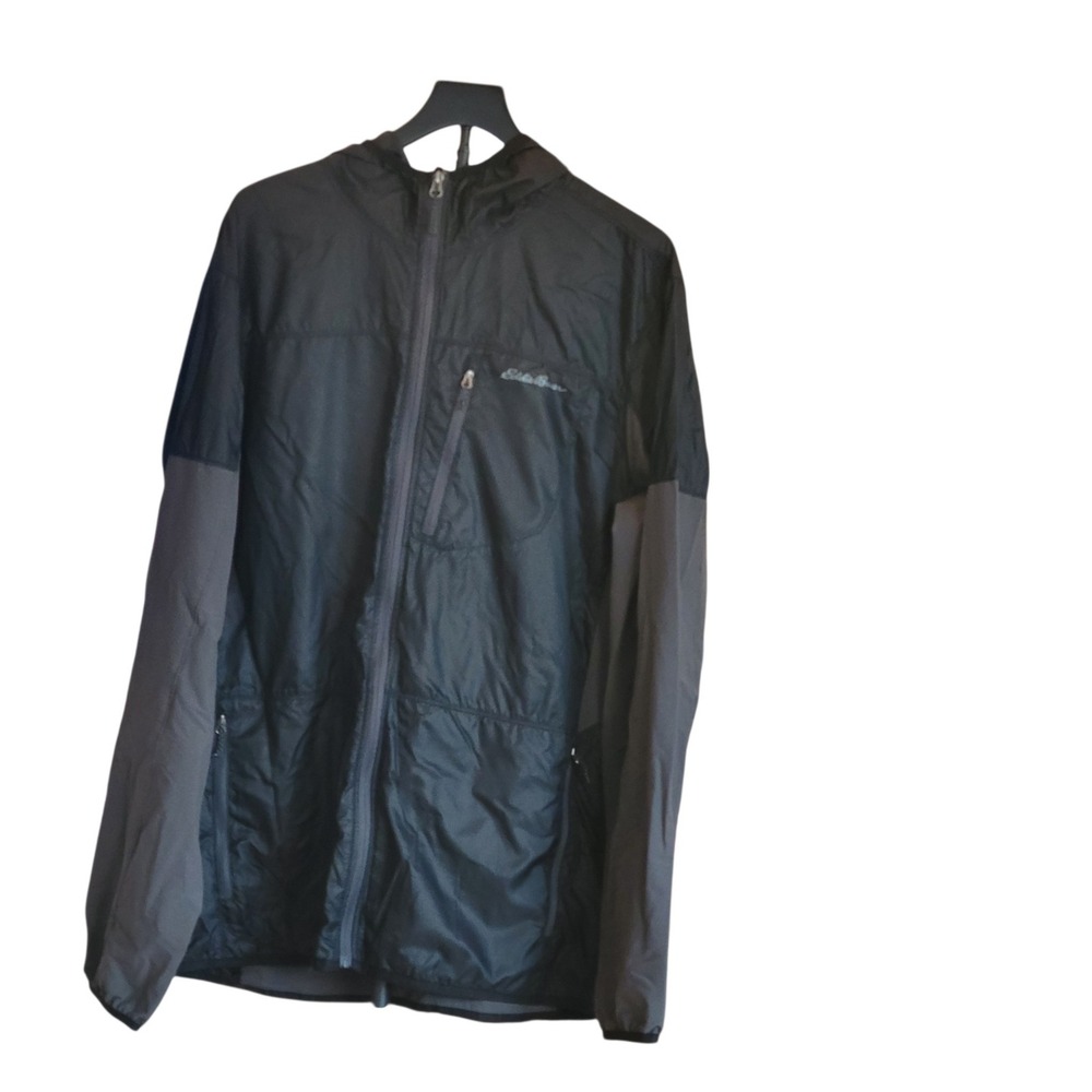 Eddie Bauer Mens Tall XL Black Grey Hooded Windbreaker Hybrid Jacket